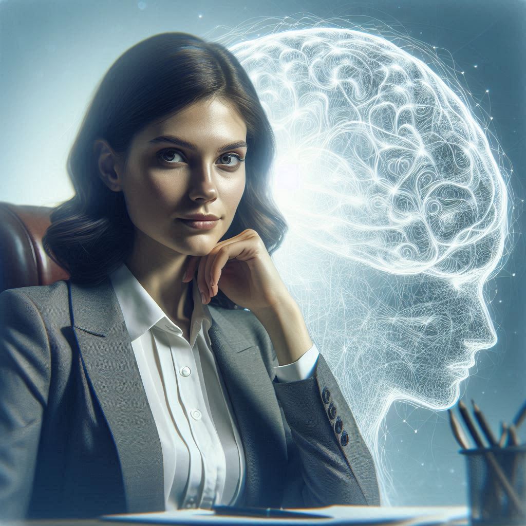 the truth about anxiety, A professional-looking woman (not identifiable as a real person), sitting at her desk. She looks outwardly calm, but behind her there is a translucent outline of a brain filled with swirling lines, symbolising mental overload. Light blues and soft neutrals to match your brand.